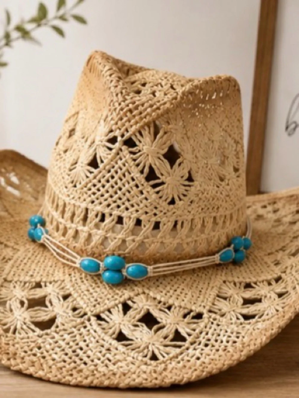 Natural Crochet Straw Cowboy Hat with Turquoise Bead Band